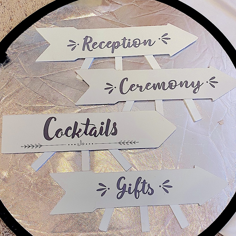 Set of 4 Wooden Lettered Trifold table Top wedding direction pointers NWT